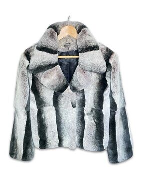 Damselle Chinchilla Rex Genuine Fur Jacket Gray Plush Collar Coat Medium Luxury
